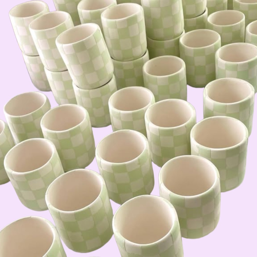 Handmade Hand-Painted Ceramic Cup‎ – Lime Green & White Checkered - Picture 2 of 2